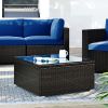 6PCS Outdoor Patio Sectional All Weather PE Wicker Rattan Sofa Set with Glass Table; Blue Cushion+ Brown Wicker