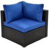 6PCS Outdoor Patio Sectional All Weather PE Wicker Rattan Sofa Set with Glass Table; Blue Cushion+ Brown Wicker