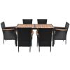 7-Piece Outdoor Patio Dining Set, Garden PE Rattan Wicker Dining Table and Chairs Set, Acacia Wood Tabletop, Stackable Armrest Chairs with Cushions (B