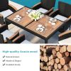 7-Piece Outdoor Patio Dining Set, Garden PE Rattan Wicker Dining Table and Chairs Set, Acacia Wood Tabletop, Stackable Armrest Chairs with Cushions (B