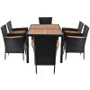 7-Piece Outdoor Patio Dining Set, Garden PE Rattan Wicker Dining Table and Chairs Set, Acacia Wood Tabletop, Stackable Armrest Chairs with Cushions (B