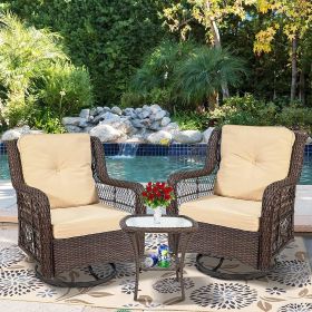 Outdoor Bistro Set 3 Pieces;  Outdoor Resin Wicker Swivel Rocker Patio Chair;  360-Degree Swivel Rocking Chairs and Tempered Glass Top Side Coffee Tab (Color: khaki)